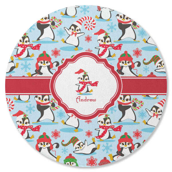 Custom Christmas Penguins Round Rubber Backed Coaster (Personalized)