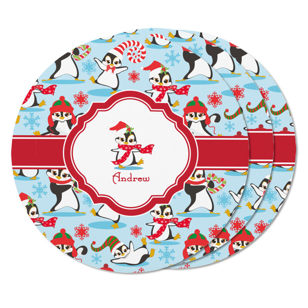 Christmas Penguins Round Fridge Magnet - THREE