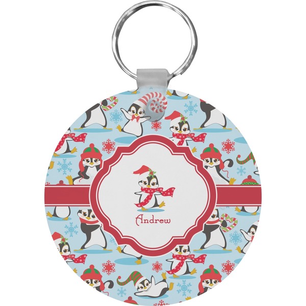 Custom Christmas Penguins Round Plastic Keychain (Personalized)