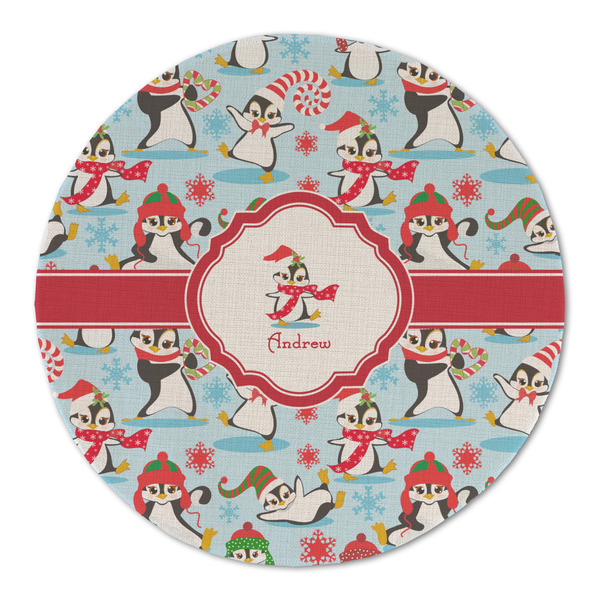 Christmas Penguins Round Linen Placemats - FRONT (Double Sided)