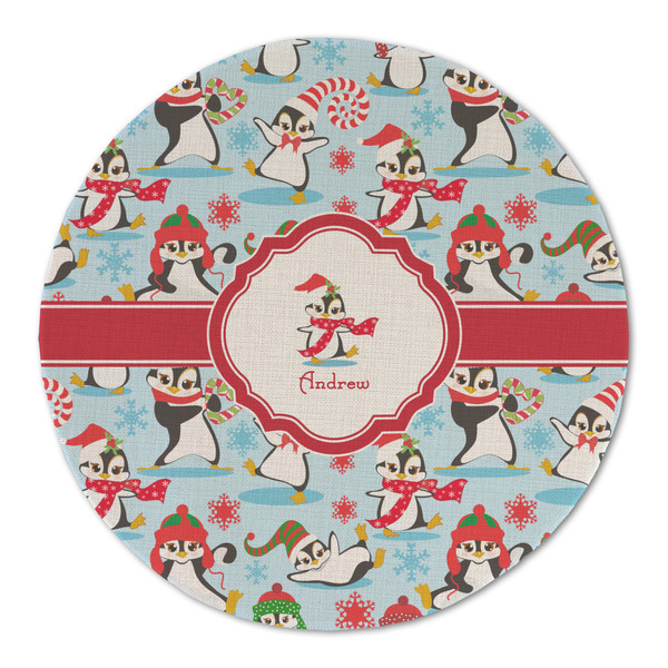 Custom Christmas Penguins Round Linen Placemat - Single Sided (Personalized)
