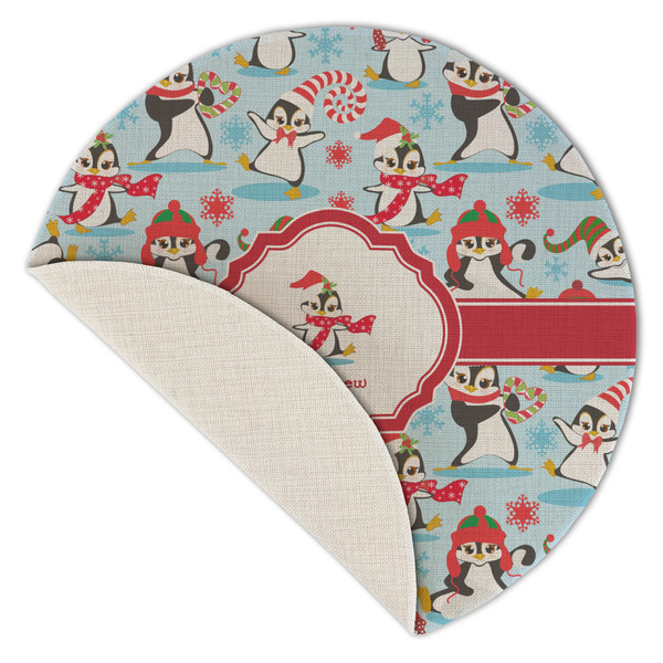 Christmas Penguins Round Linen Placemats - Front (folded corner single sided)