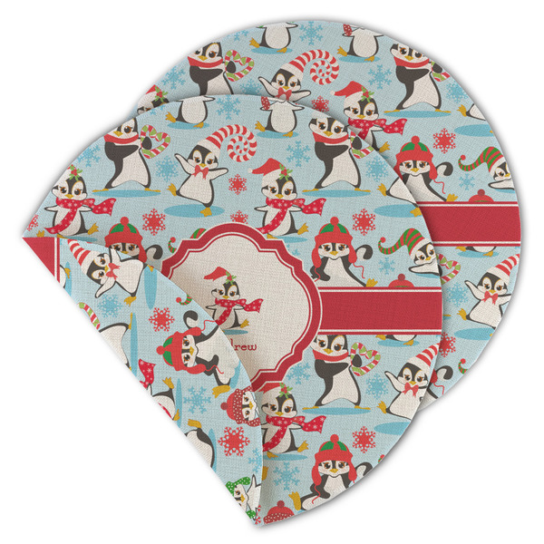 Custom Christmas Penguins Round Linen Placemat - Double Sided - Set of 4 (Personalized)