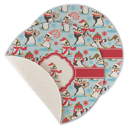 Christmas Penguins Round Linen Placemat - Single Sided - Set of 4 (Personalized)