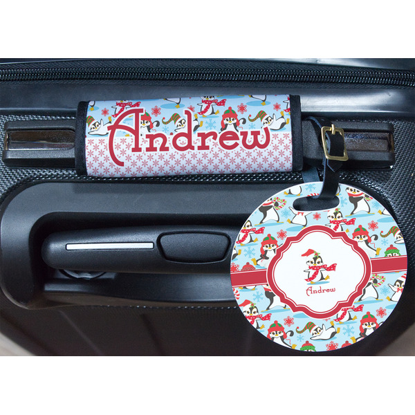 Christmas Penguins Round Luggage Tag & Handle Wrap - In Context