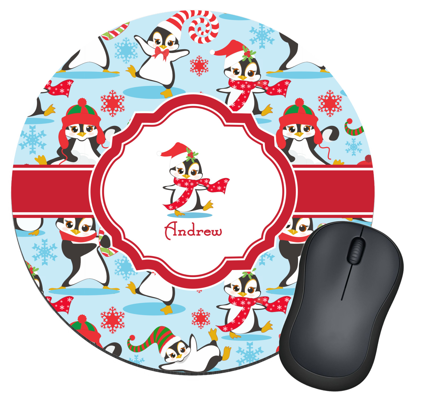 Christmas Penguins Round Mouse Pad (Personalized) YouCustomizeIt