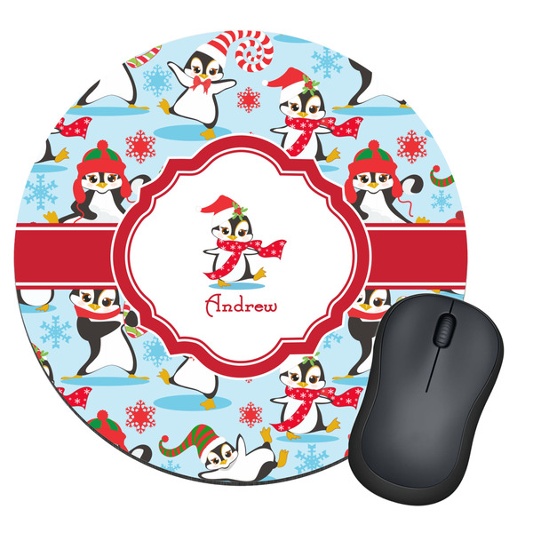 Custom Christmas Penguins Round Mouse Pad (Personalized)