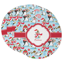 Christmas Penguins Round Paper Coasters w/ Name or Text