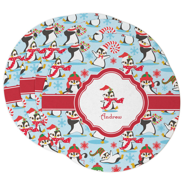 Custom Christmas Penguins Round Paper Coasters w/ Name or Text