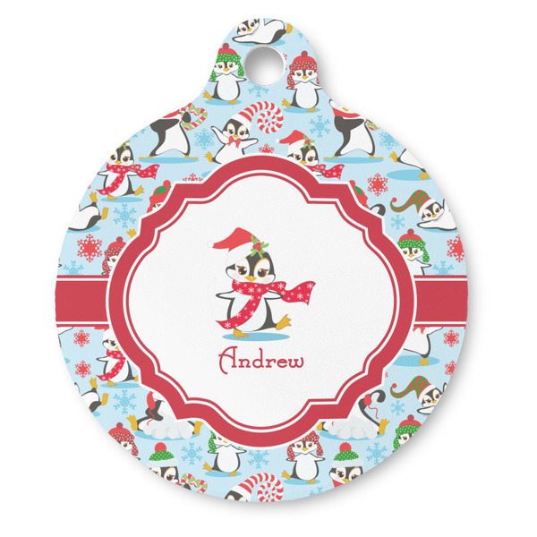 Custom Christmas Penguins Round Pet ID Tag (Personalized)