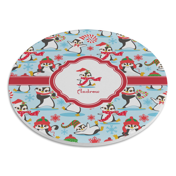 Christmas Penguins Round Stone Trivet - Angle View
