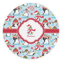 Christmas Penguins Round Stone Trivet (Personalized)