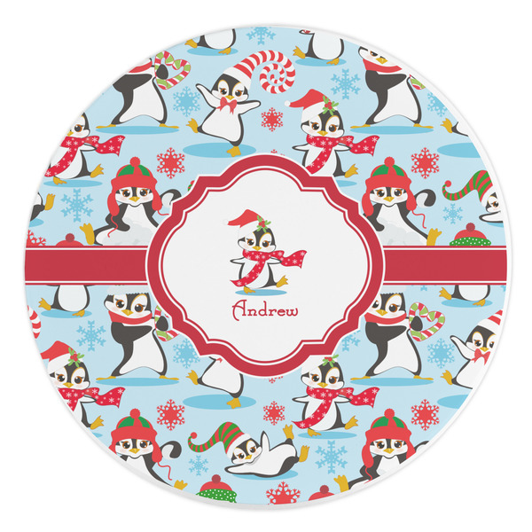 Custom Christmas Penguins Round Stone Trivet (Personalized)