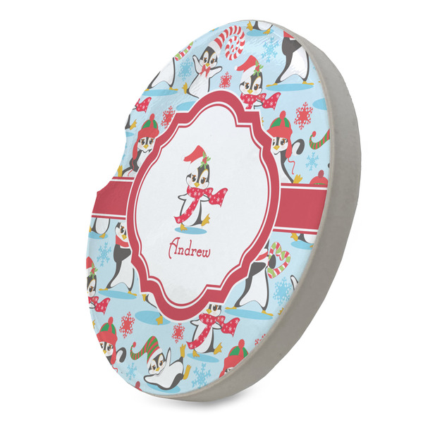 Christmas Penguins Sandstone Car Coaster - STANDING ANGLE
