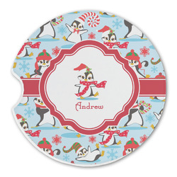 Christmas Penguins Sandstone Car Coaster - Single (Personalized)