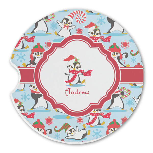 Custom Christmas Penguins Sandstone Car Coaster - Single (Personalized)