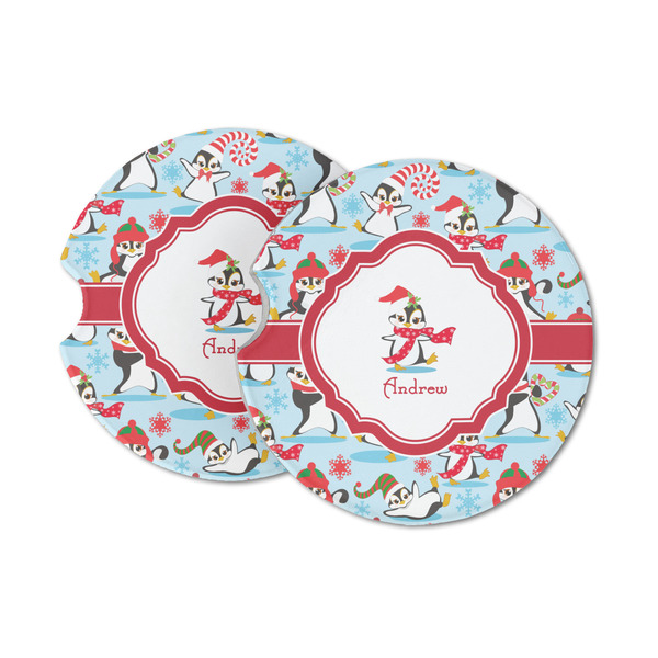 Custom Christmas Penguins Sandstone Car Coasters (Personalized)