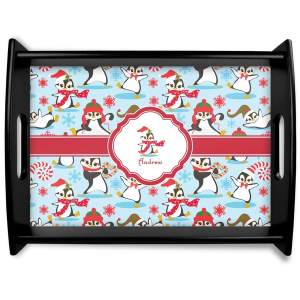 Custom Christmas Penguins Black Wooden Tray - Large (Personalized)