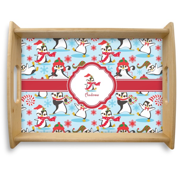 Custom Christmas Penguins Natural Wooden Tray - Large (Personalized)