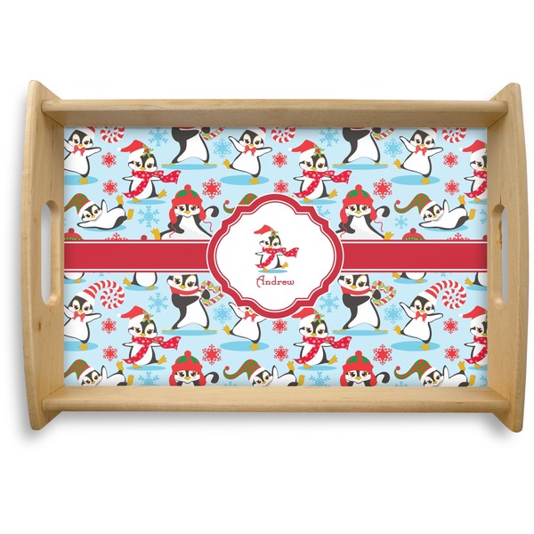 Custom Christmas Penguins Natural Wooden Tray - Small (Personalized)