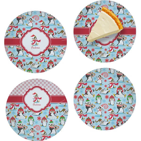 Custom Christmas Penguins Set of 4 Glass Appetizer / Dessert Plate 8" (Personalized)