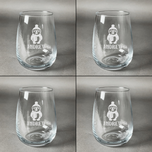 Christmas Penguins Set of Four Personalized Stemless Wineglasses (Approval)