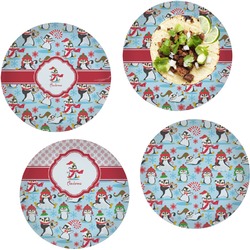 Christmas Penguins Set of 4 Glass Lunch / Dinner Plate 10" (Personalized)