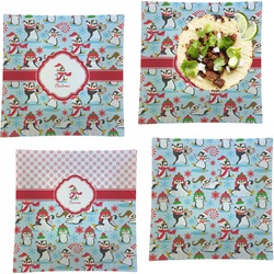 Christmas Penguins Set of 4 Glass Square Lunch / Dinner Plate 9.5" (Personalized)