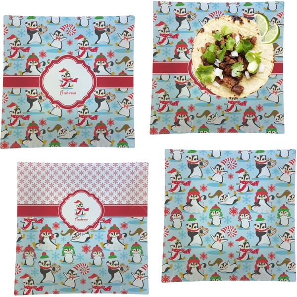 Custom Christmas Penguins Set of 4 Glass Square Lunch / Dinner Plate 9.5" (Personalized)