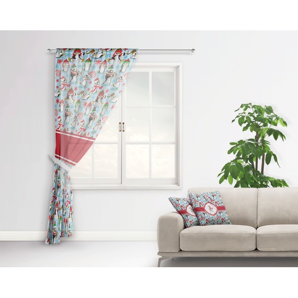 Christmas Penguins Sheer Curtain With Window and Rod - in Room Matching Pillow