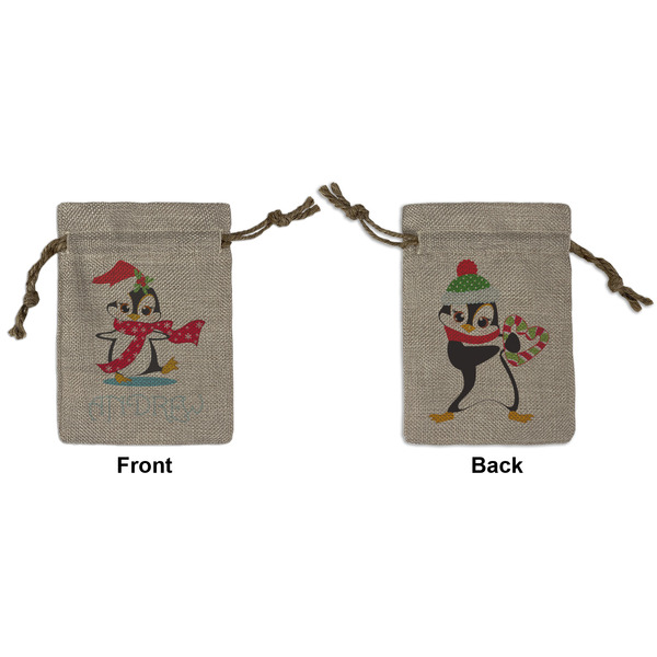 Custom Christmas Penguins Small Burlap Gift Bag - Front & Back (Personalized)