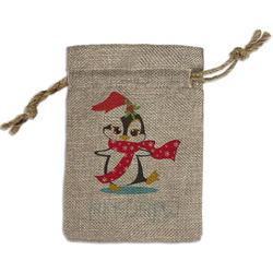 Christmas Penguins Small Burlap Gift Bag - Front (Personalized)