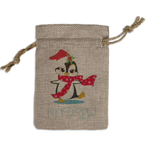 Custom Christmas Penguins Small Burlap Gift Bag - Front (Personalized)
