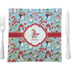 Christmas Penguins Glass Square Lunch / Dinner Plate 9.5" (Personalized)