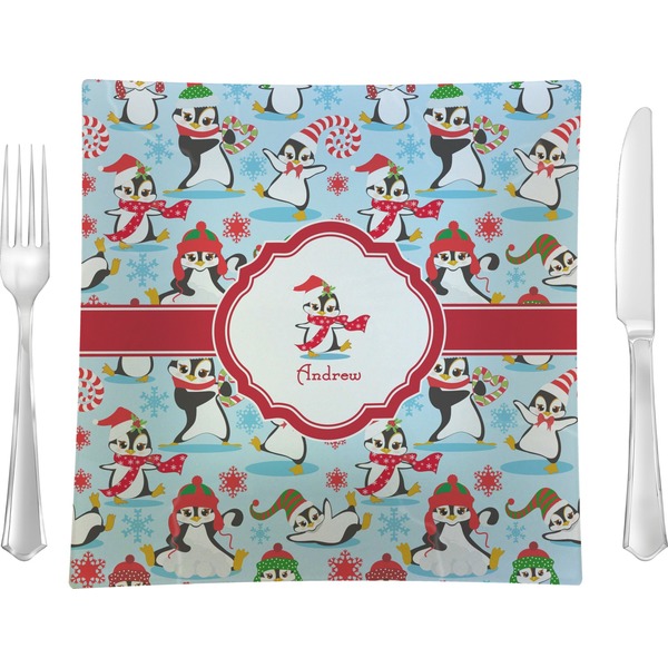 Custom Christmas Penguins 9.5" Glass Square Lunch / Dinner Plate- Single or Set of 4 (Personalized)