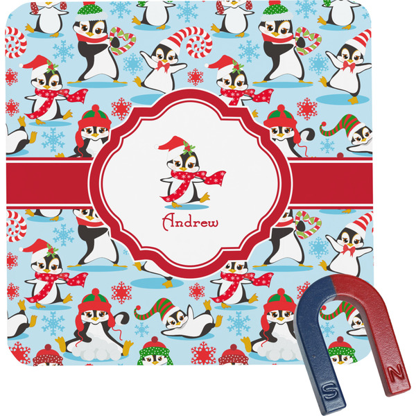 Custom Christmas Penguins Square Fridge Magnet (Personalized)