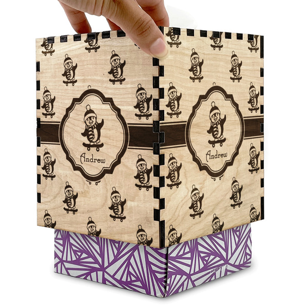 Christmas Penguins Square Tissue Box Covers - Wood - with box