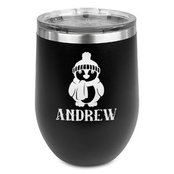 Christmas Penguins Stemless Stainless Steel Wine Tumbler - Black - Double Sided (Personalized)