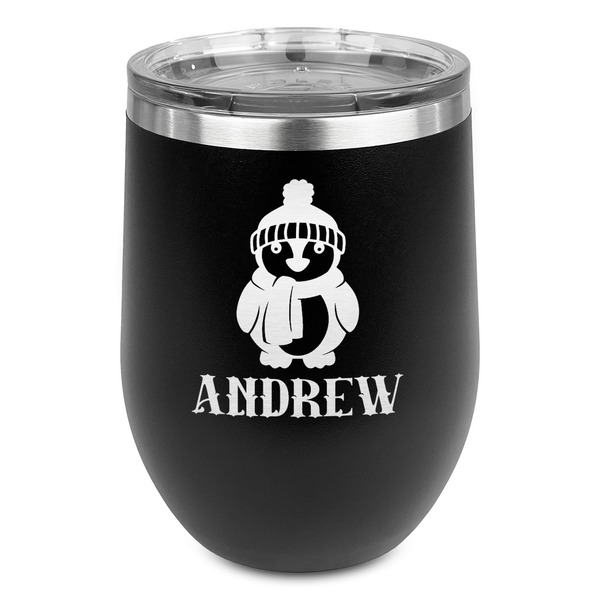 Custom Christmas Penguins Stemless Stainless Steel Wine Tumbler - Black - Double Sided (Personalized)