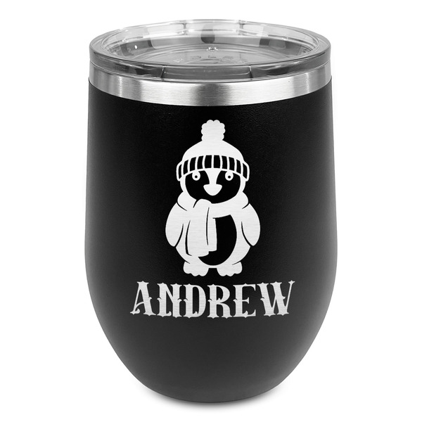 Custom Christmas Penguins Stemless Stainless Steel Wine Tumbler - Black - Single Sided (Personalized)