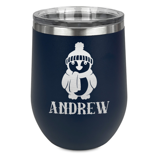 Custom Christmas Penguins Stemless Stainless Steel Wine Tumbler - Navy - Double Sided (Personalized)