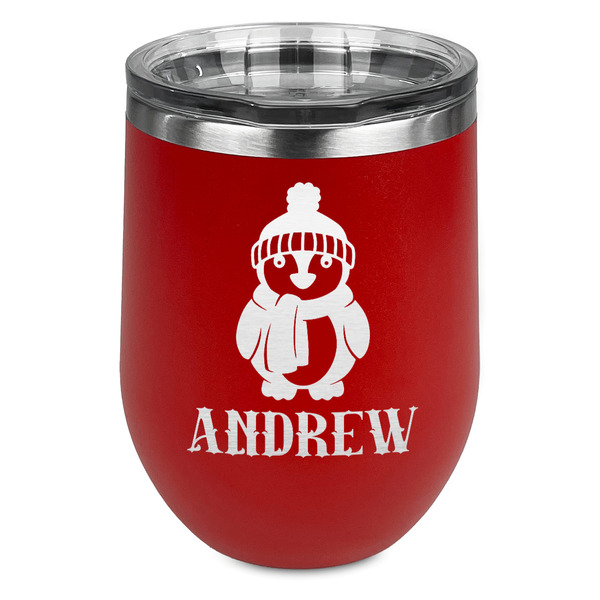 Custom Christmas Penguins Stemless Stainless Steel Wine Tumbler - Red - Double Sided (Personalized)