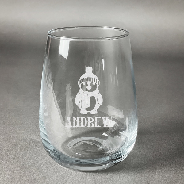 Custom Christmas Penguins Stemless Wine Glass - Engraved (Personalized)