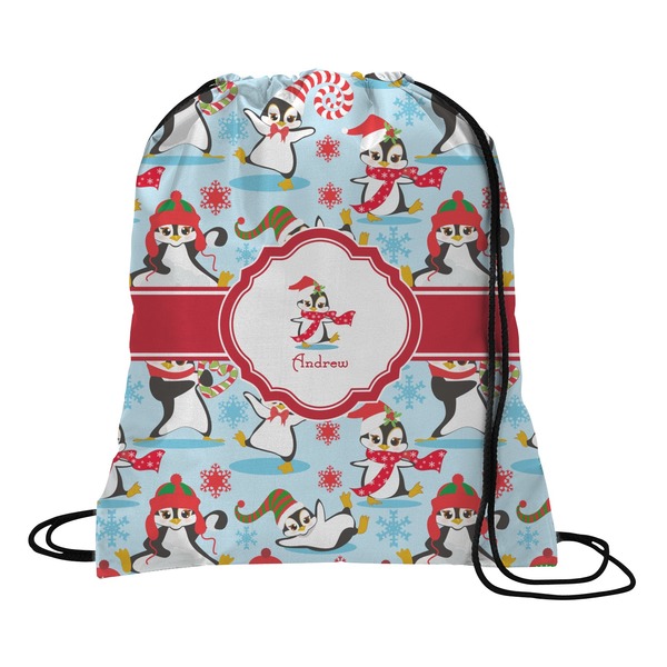 Custom Christmas Penguins Drawstring Backpack - Medium (Personalized)