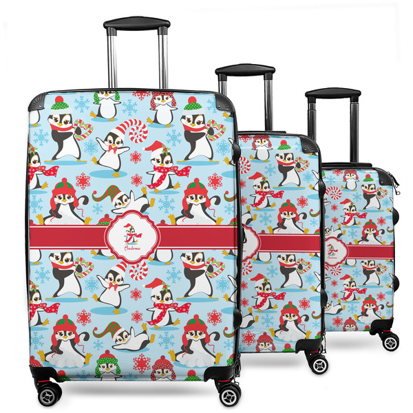 Custom Christmas Penguins 3 Piece Luggage Set - 20" Carry On, 24" Medium Checked, 28" Large Checked (Personalized)