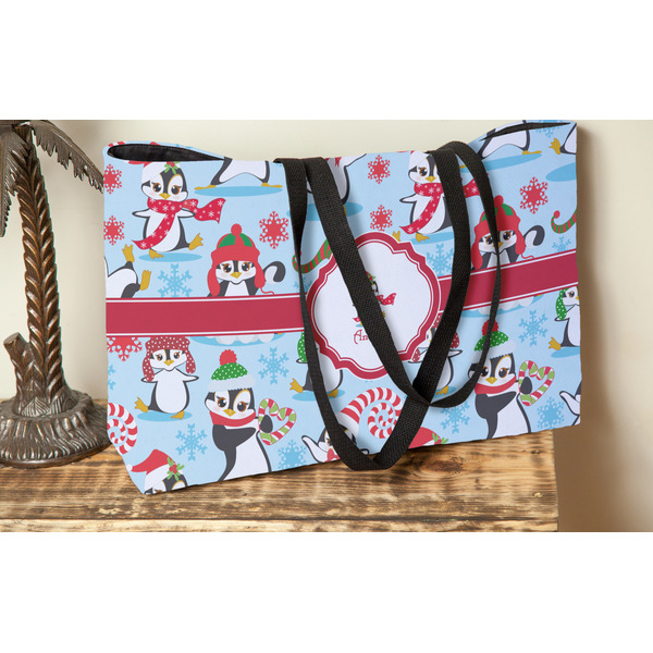 Christmas Penguins Tote w/Black Handles - Lifestyle View