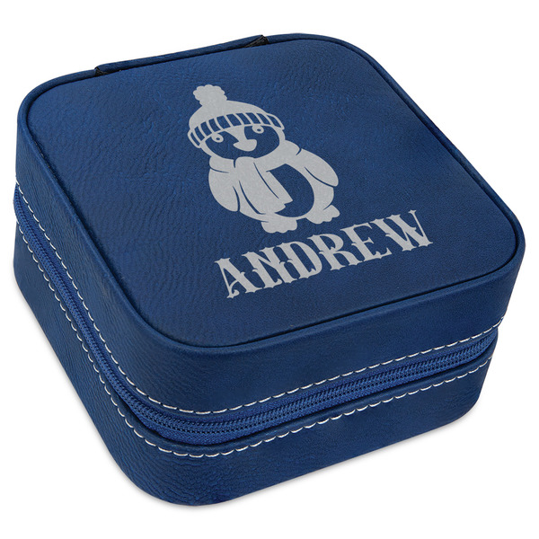 Custom Christmas Penguins Travel Jewelry Box - Navy Blue Leather (Personalized)