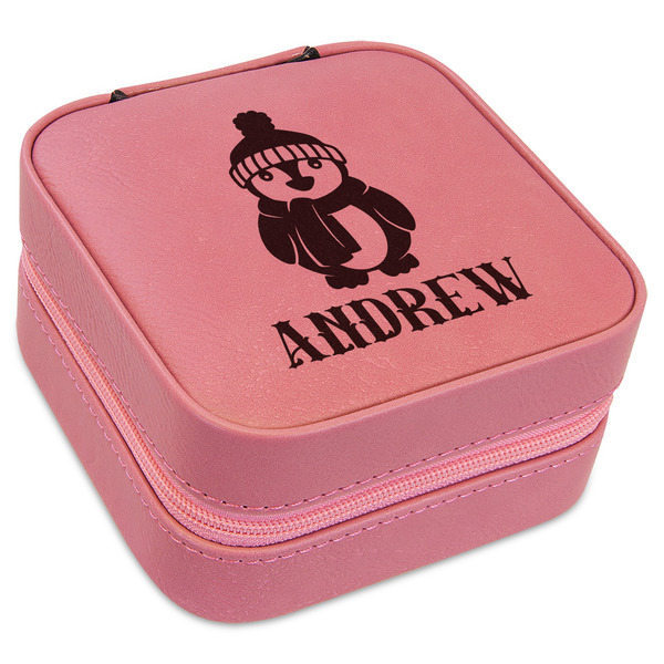 Custom Christmas Penguins Travel Jewelry Boxes - Pink Leather (Personalized)