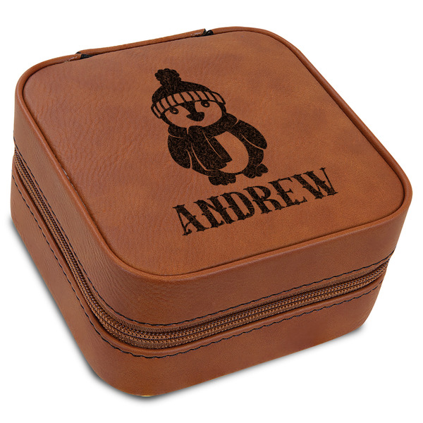 Custom Christmas Penguins Travel Jewelry Box - Rawhide Leather (Personalized)