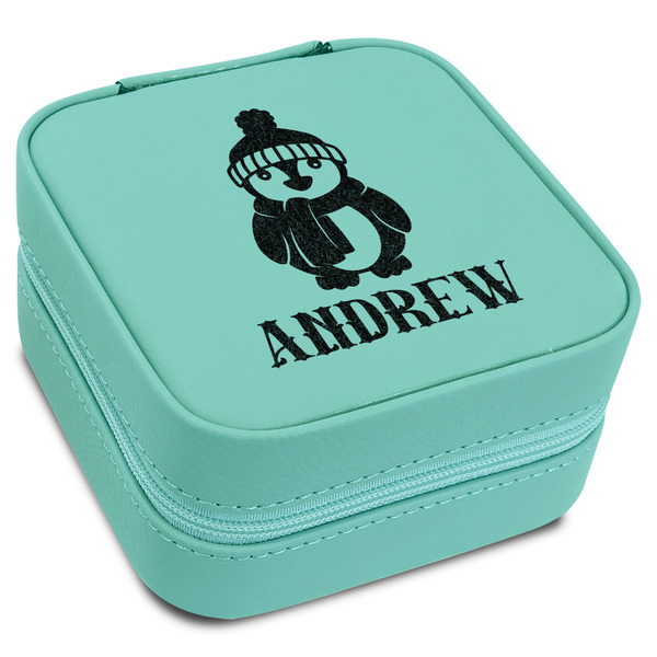 Custom Christmas Penguins Travel Jewelry Box - Teal Leather (Personalized)